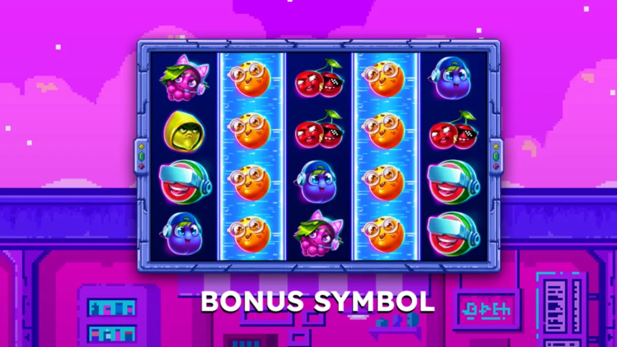 Tampilan visual retro dari mesin slot Frooty Troupe – Game On!