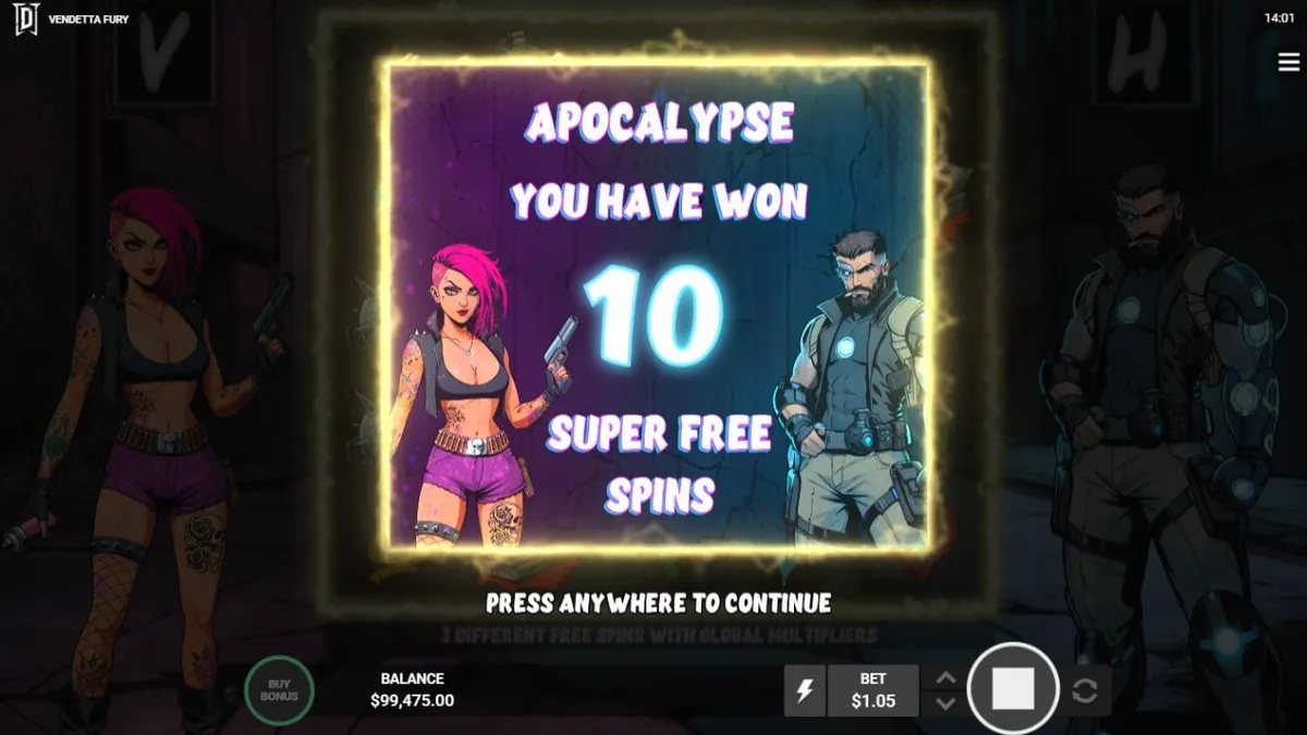 Tampilan visual neon cyberpunk dari slot Vendetta Fury