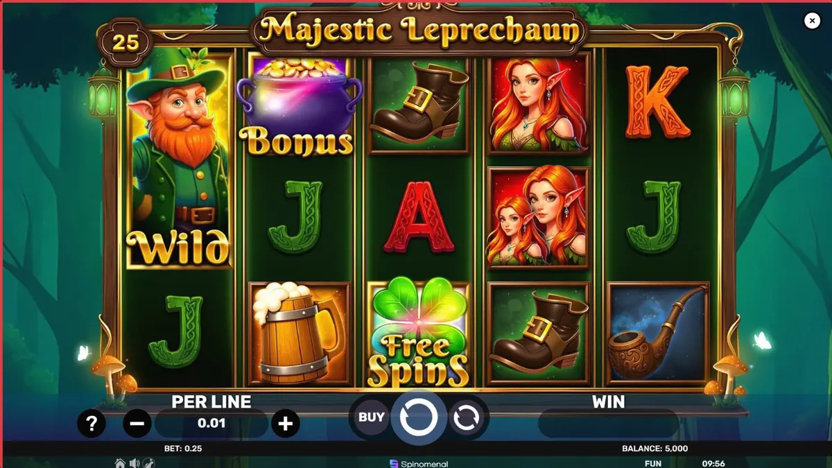 Tampilan visual slot Majestic Leprechaun dengan latar belakang perbukitan Irlandia yang hijau dan simbol-simbol bertema keberuntungan.