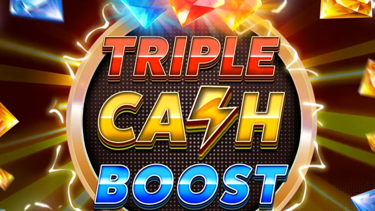 Tampilan visual futuristik dan neon dari slot Triple Cash Boost dengan simbol buah klasik.